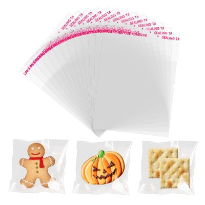 CIPOWM 100Pcs Clear Self Sealing Cellophane Bags, 4x4 Inches Self-Adhesive Cookies Bag Plastic Candy Bags for Bakery Cookies Gift Packing Halloween Party Favor(4x4 Inch)