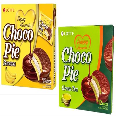 Combo - Banana Choco Pie and Green Tea Choco Pie - Banh Choco Pie Huong Chuoi va Tra Xanh - 12 Cakes per Box with 1 Box of Banana and Green Tea - Produce of South Korea