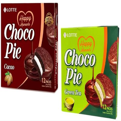 Combo - Cacao Choco Pie and Green Tea Choco Pie - Banh Cacao va Banh Tra Xanh - 12 Cakes per Box with 1 of Cacao and 1 of Green Tea - Product of South Korea