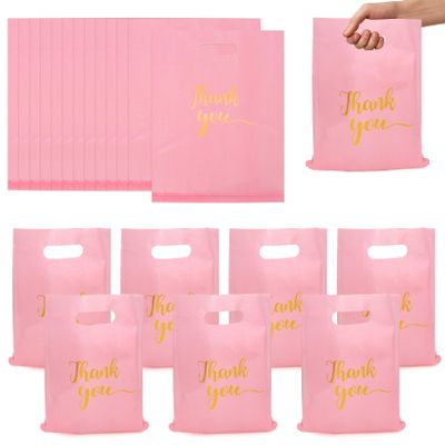 100 Pack Thank You Bags, 12x16 Inch Thank You Merchandise Bags Extra Thick Reusable Plastic Shopping Bag with Handles Goodie Bag for Small Business Retail Boutique Wedding Birthday Party Gifts (Pink)
