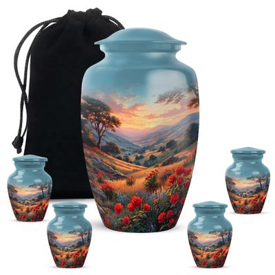 Casketique Rose Cremation Urns for Adult Ashes Women 1 Large 4 Keepsake - Blue Memorial Urns for Adult Male - Small Burial Urn for Human Ashes - Funeral Urn for Mom & Dad -10 & 3 Inch