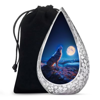 Remembrate Howling Wolf on Rocks Blue Urns for Human Ashes Adult Male and Female - Glowing Moon Burial Urns for Human Ashes 10 Inch - Cremation Urn for Mom and Dad - Large Drop Funeral Urn