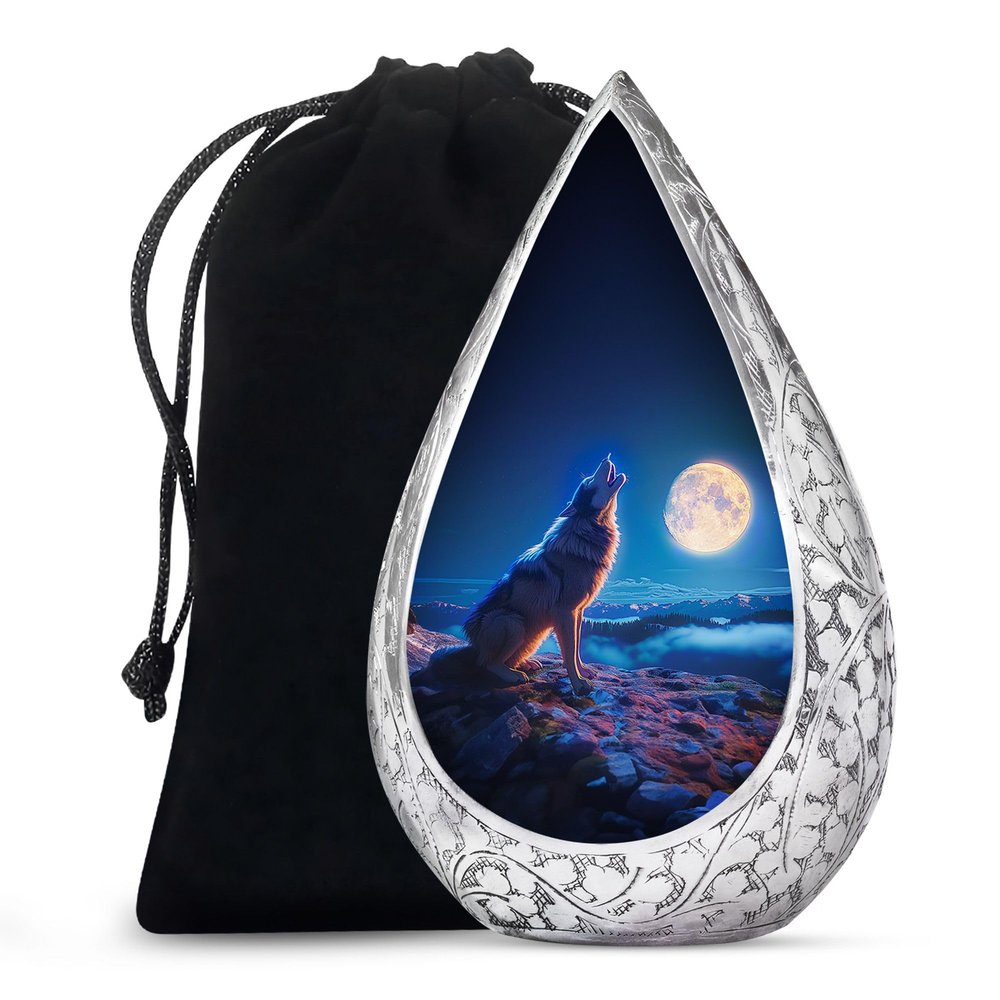 Remembrate Howling Wolf on Rocks Blue Urns for Human Ashes Adult Male and Female - Glowing Moon Burial Urns for Human Ashes 10 Inch - Cremation Urn for Mom and Dad - Large Drop Funeral Urn