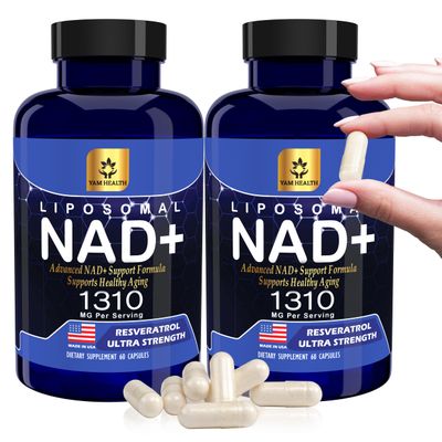 YAM Health Liposomal NAD+ 1310mg with Resveratrol & Niacin (Vitamin B3) for Energy & Cellular Support, Antioxidant Supplement, Vegan, Non-GMO, 60 Capsules (Pack of 2)