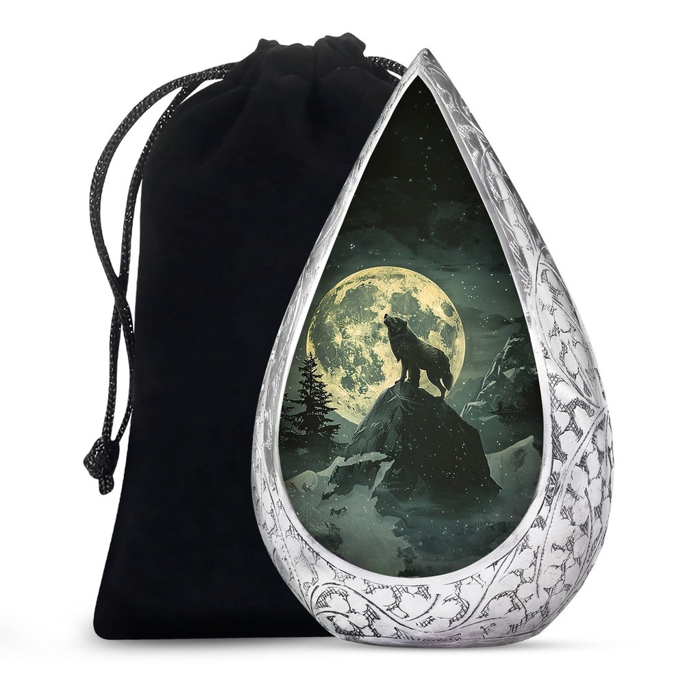 Remembrate Howling Wolf Cremation Urns for Adult Ashes Men 10 Inch - Moon Large Urn for Daughter and Son - Forest Burial Urns for Human Ashes Mother and Father - Memorial Drop Funeral Urn for Mom