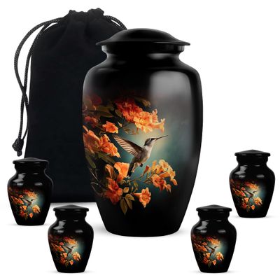JAGLASH Humming Bird Combo Urn for Men & Women - Keepsake Decorative Urns for Female - Set of 5 Black Urns for Funeral - Human Remains Cremation Urn for Mom & Dad (1 Large, 4 Keepsake)