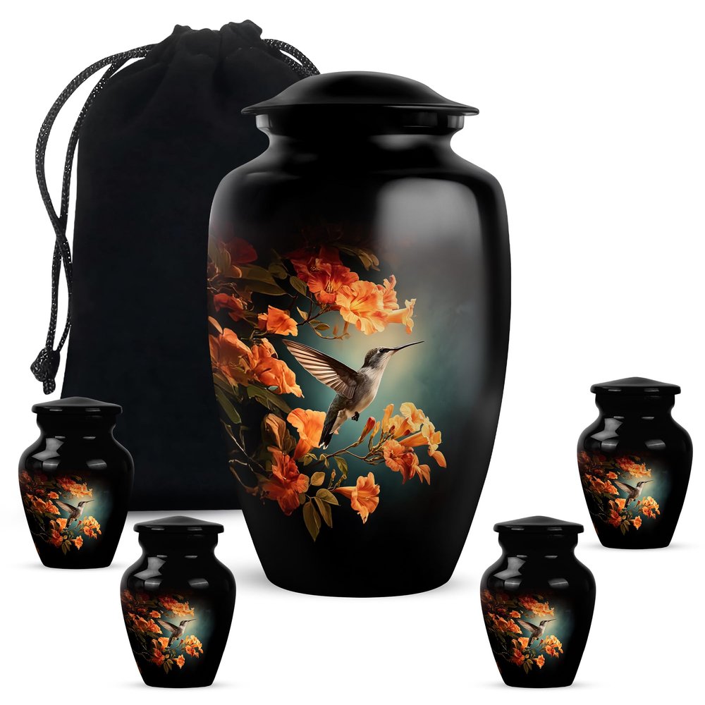 JAGLASH Humming Bird Combo Urn for Men & Women - Keepsake Decorative Urns for Female - Set of 5 Black Urns for Funeral - Human Remains Cremation Urn for Mom & Dad (1 Large, 4 Keepsake)