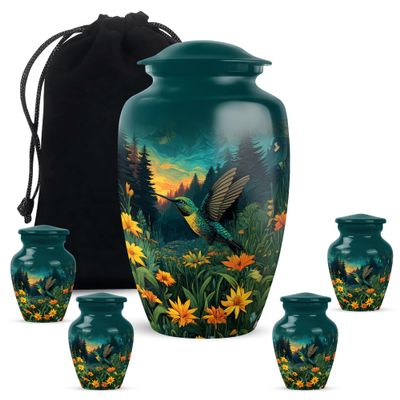 JAGLASH Hummingbird Funeral Urns for Human Ashes Adult Female - Green Memorial Urns for Human Ashes Adult Men - Set of 5 Combo Burial Urn for Mom & Dad - Green Cremation Urn (1 Large, 4 Keepsake)