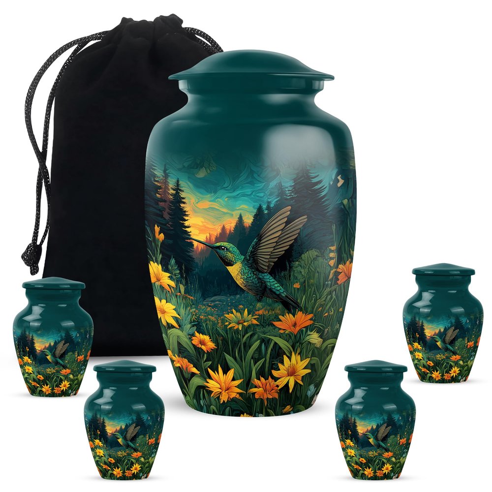 JAGLASH Hummingbird Funeral Urns for Human Ashes Adult Female - Green Memorial Urns for Human Ashes Adult Men - Set of 5 Combo Burial Urn for Mom & Dad - Green Cremation Urn (1 Large, 4 Keepsake)