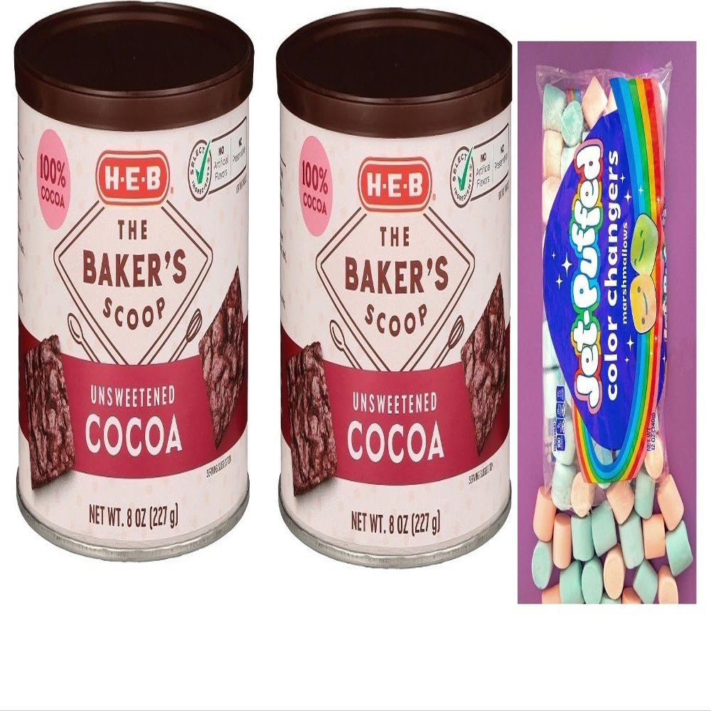 HEB The Baker's Scoop Unsweetened Cocoa 8 oz(pack of 2) with free jet puffed color changing marshmellow bag
