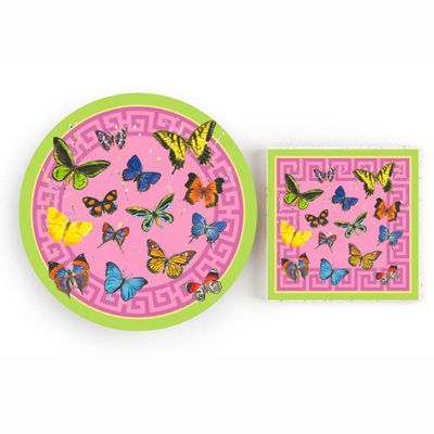 Fabuplates 48pc Butterfly & Greek Key Party Set 24 9" Plates and 24 Luncheon Napkins, Elegant Pink and Green Design, Heavy Duty Disposable Tableware for Spring Parties, Garden Events, Bridal Showers