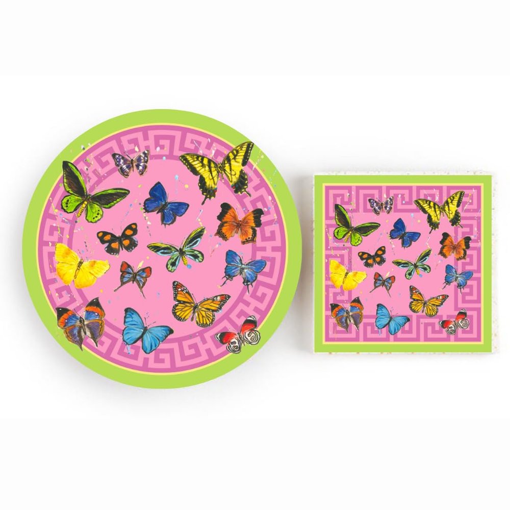 Fabuplates 48pc Butterfly & Greek Key Party Set 24 9" Plates and 24 Luncheon Napkins, Elegant Pink and Green Design, Heavy Duty Disposable Tableware for Spring Parties, Garden Events, Bridal Showers