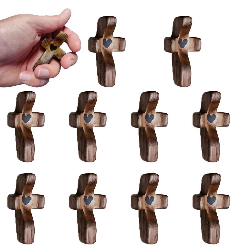 10 Pcs My Heart Encouragement Gift Wooden Pocket Cross Handheld Wood Small Cross Fingertip Stress Relief Religious Gifts for Children Adults Praying,Relieve Anxiety Comfort for Clutching prayer