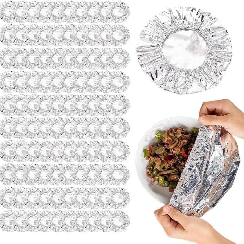 Lmuwecno Aluminum foil Bowl Cover, Aluminum foil Food Cover, Reusable Aluminum foil Film Insulation Cover, Tableware Stretch Food Cover, Kitchen Fresh-Keeping Insulation Film, Picnic.(100Pcs.)