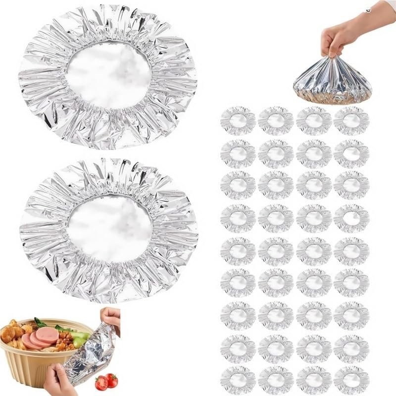 Lmuwecno Aluminum foil Bowl Cover, Aluminum foil Food Cover, Reusable Aluminum foil Film Insulation Cover, Tableware Stretch Food Cover, Kitchen Fresh-Keeping Insulation Film, Picnic.(50Pcs)
