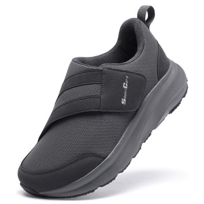 SILENTCARE Diabetic Shoes for Men Wide Toe Box Slip-on Shoes for Swollen Feet Adjustable Walking Shoes for Elderly Foot Pain Relief Neuropathy Grey