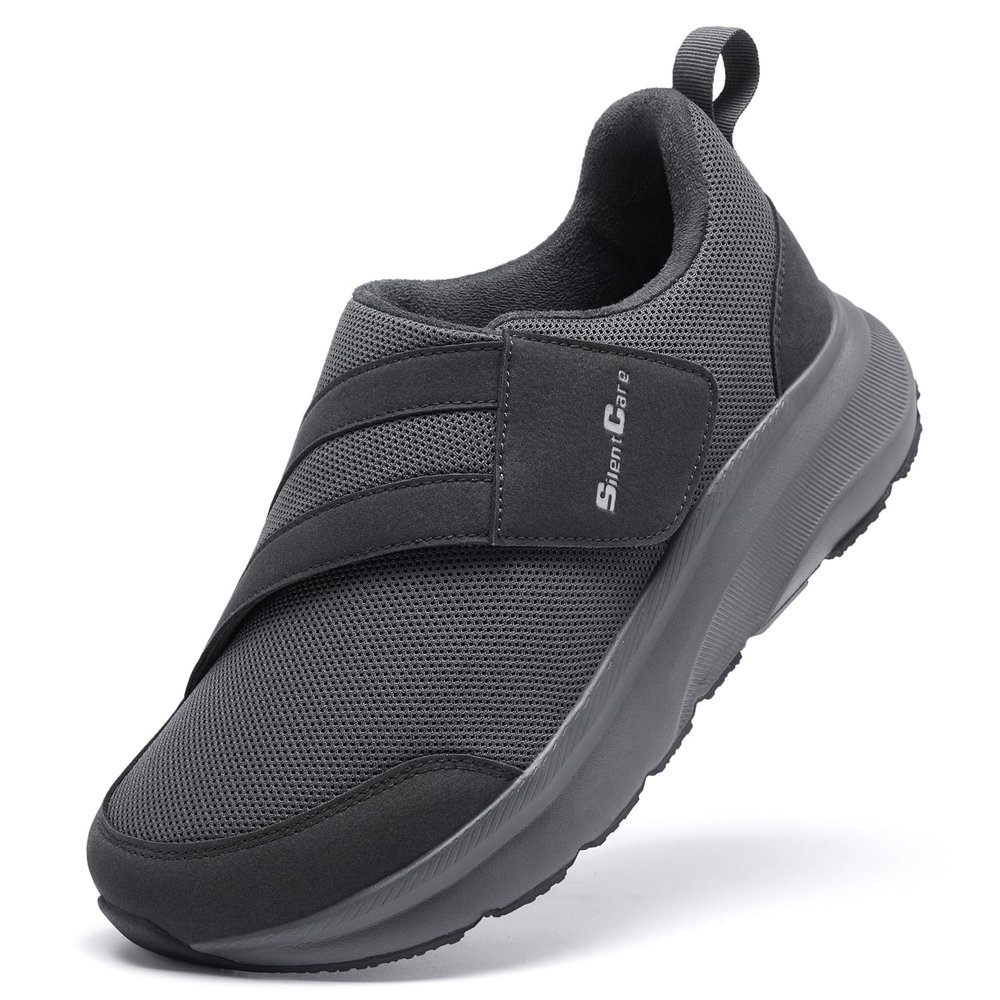 SILENTCARE Diabetic Shoes for Men Wide Toe Box Slip-on Shoes for Swollen Feet Adjustable Walking Shoes for Elderly Foot Pain Relief Neuropathy Grey