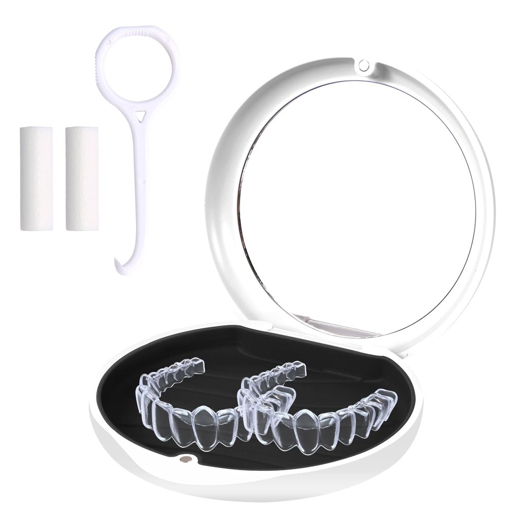 ACSKD Aligner Case with Mirror, Slim Retainer Case Travel-Friendly Dental Storage Box Compatible with Invisalign Braces, Night Guards,Includes 1 Remover Tool & 2 Chew, White