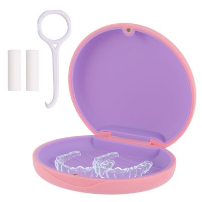 ACSKD Aligner Case, Slim Retainer Box for Travel, Retainer Case Compatible with Invisalign Aligners, Brace Storage Box with Aligner Removal Tool and Chew,Pink
