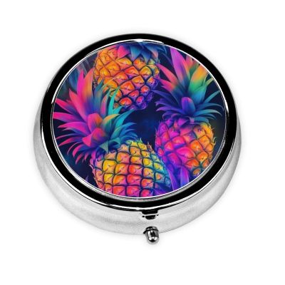 CSIVKEJ Colorful Pineapples Print Round Pill Box 3 Compartment Decorative Pocket Purse Portable Mini Travel Medicine Holder Organizer