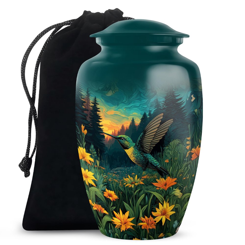JAGLASH Hummingbird Keepsake Urn for Human Ashes Male & Female 3 Inch - Yellow Flower Adult Urns for Human Ashes - Green Cremation Urns for Remains - Funeral Gift Urn for Adult Male