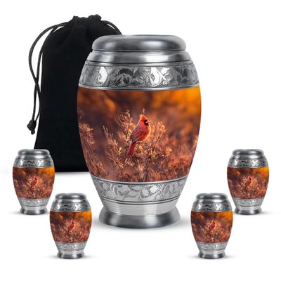 JAGLASH Red Cardinal Bird Urns for Ashes Adult Female & Male - Set of 5 Cremation Burial Urns - Large Brown Urn for Ashes for Women & Men for Funeral (1 Large, 4 Keepsake)