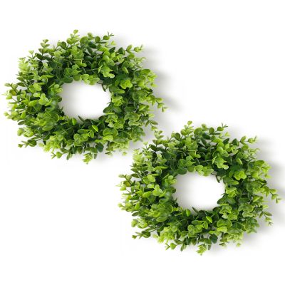DDHS 11 Inch Artificial Boxwood Small Wreath for Front Doors, 2 Packs Green Leaves Wreath, Spring Summer Mini Wreaths for Indoor Outdoor Hanging Wall Window Wedding Home Decor Party Farmhouse