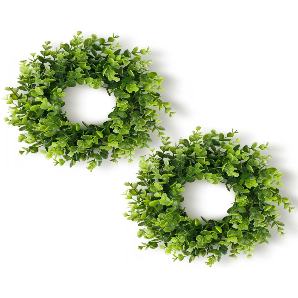 DDHS 11 Inch Artificial Boxwood Small Wreath for Front Doors, 2 Packs Green Leaves Wreath, Spring Summer Mini Wreaths for Indoor Outdoor Hanging Wall Window Wedding Home Decor Party Farmhouse
