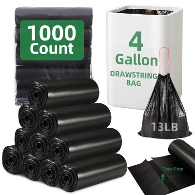 1000 Counts 4 Gallon Trash Bag Drawstring Small Trash Bags, Thick Pre-separated Garbage Bags, Trash Bin Liners, Suitable for bathroom, kitchen, bedroom, office (Black)