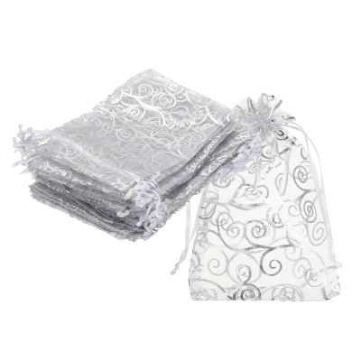 MECCANIXITY Organza Bags, 50Pcs 3.1x4.3 Inch Candy Mesh Bag with Drawstring Jewelry Gift for Party Favor Pouch Christmas Wedding Festival Small Gift, White-Silver