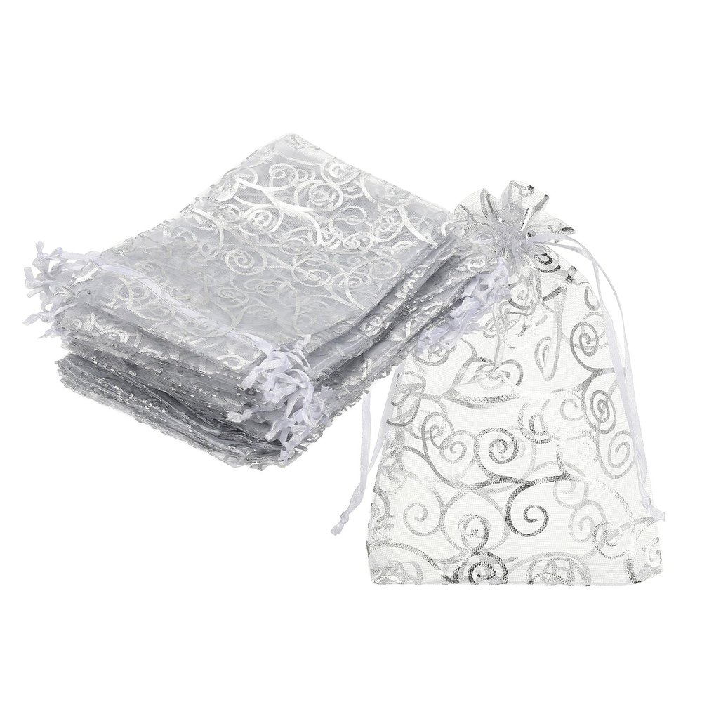 MECCANIXITY Organza Bags, 50Pcs 3.1x4.3 Inch Candy Mesh Bag with Drawstring Jewelry Gift for Party Favor Pouch Christmas Wedding Festival Small Gift, White-Silver