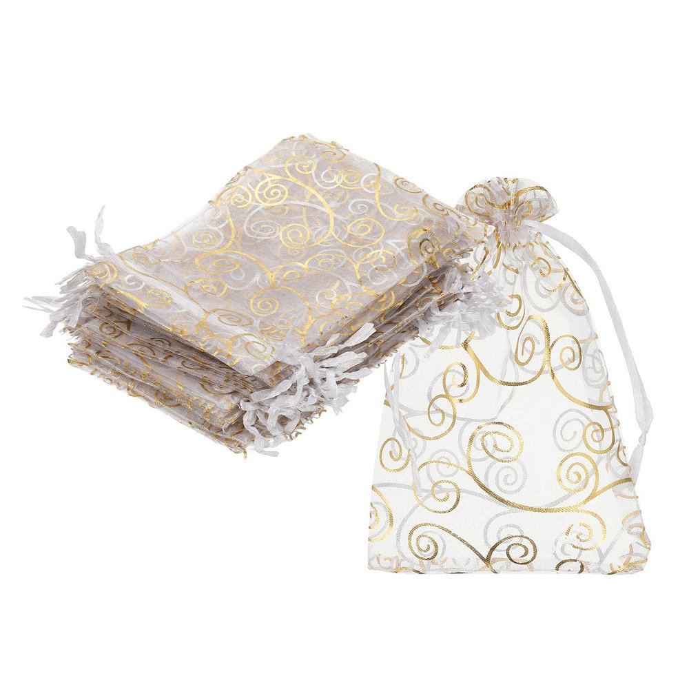MECCANIXITY Organza Bags, 50Pcs 3.9x5.9 Inch Candy Mesh Bag with Drawstring Jewelry Gift for Party Favor Pouch Christmas Wedding Festival Small Gift, White Gold