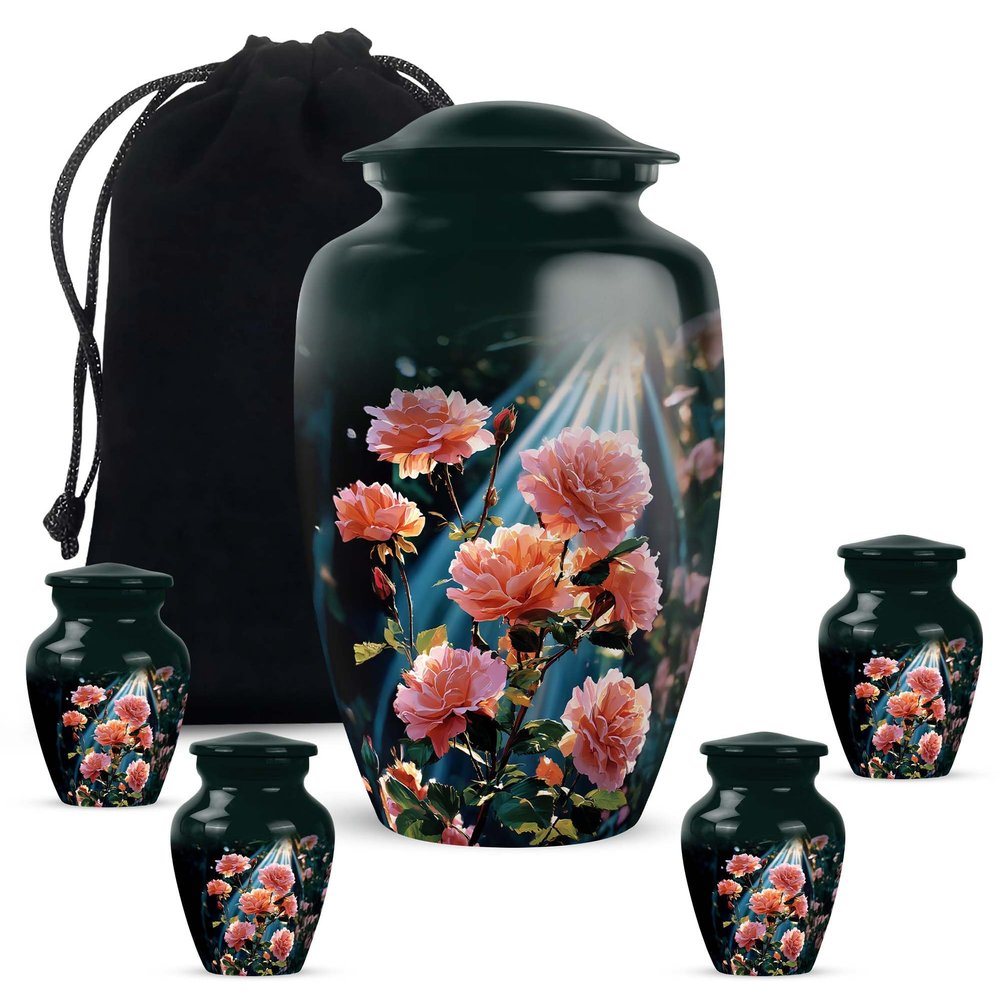 JAGLASH Pink Flower Funeral Urn for Human Ashes Adult Male & Female - Large 10 Inch Memorial Cremation Urns - Small 3 Inch Urns for Burial - Combo Urn for Mom & Dad (1 Large, 4 Keepsake)