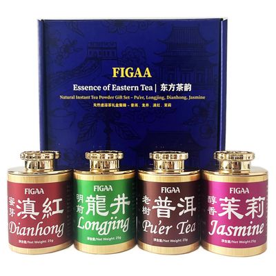FIGAA Premium Concentrated Instant Tea Gift Set, 4 Flavors, Hot or Iced Tea Mix PowderUnsweetened, No Additives, 100% Natural Pure Leaf Extract (Black/Green/Jasmine/Pu-erh) For Energy & Focus, Brain Health, Skin, Immunity, Promote Metabolism. 200-40