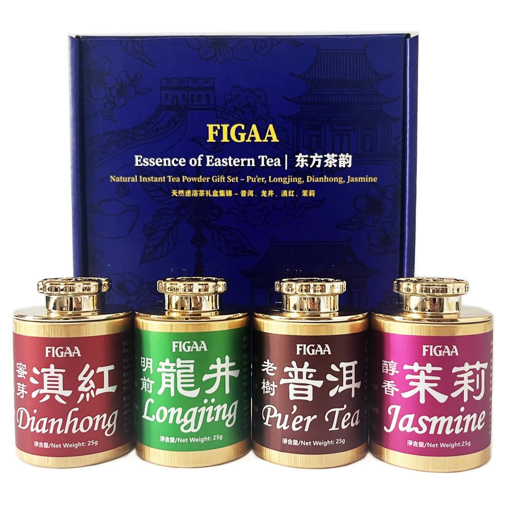 FIGAA Premium Concentrated Instant Tea Gift Set, 4 Flavors, Hot or Iced Tea Mix PowderUnsweetened, No Additives, 100% Natural Pure Leaf Extract (Black/Green/Jasmine/Pu-erh) For Energy & Focus, Brain Health, Skin, Immunity, Promote Metabolism. 200-40