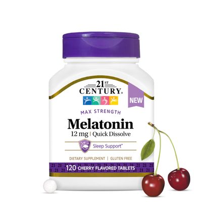 21st Century Melatonin 12 mg Quick Dissolve Max Strength Tablets, (120 Count) Sleep Aid for Adults, Cherry Flavored Sleep Supplement, Gluten-Free, No Artificial Colors or Preservatives