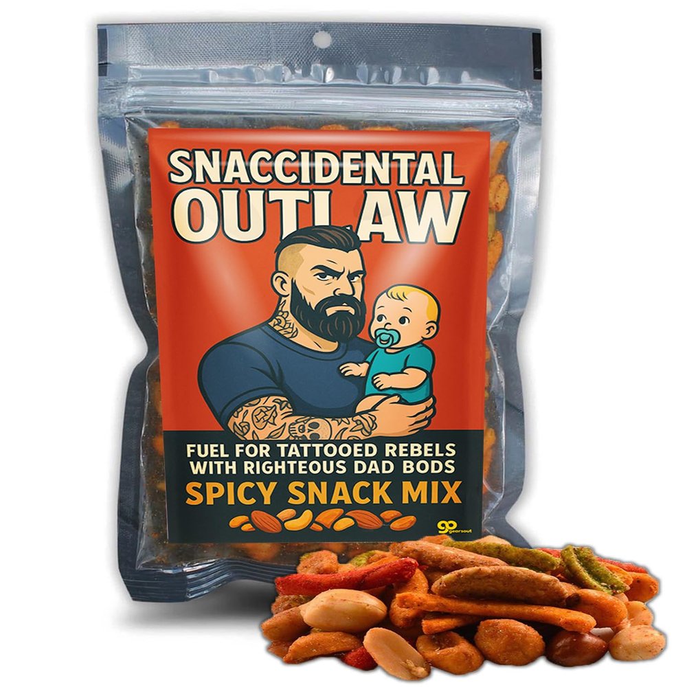 Snaccidental Outlaw Gourmet Trail Mix - Inked Father Spicy Snack Blend for Men, Hot Tattoo Dad Gifts, Sriracha Peanuts, Guacamole Bites