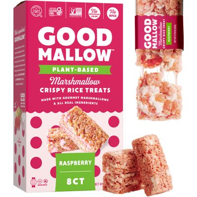 GoodMallow Vegan Rice Crispy Treats Individually Wrapped Box of 8 , Kosher Vegan Snacks, Gluten Free Dairy Free Snacks for Kids & Adults - Healthy Sweets Made with Gourmet Marshmallows, Made in USA (Raspberry)