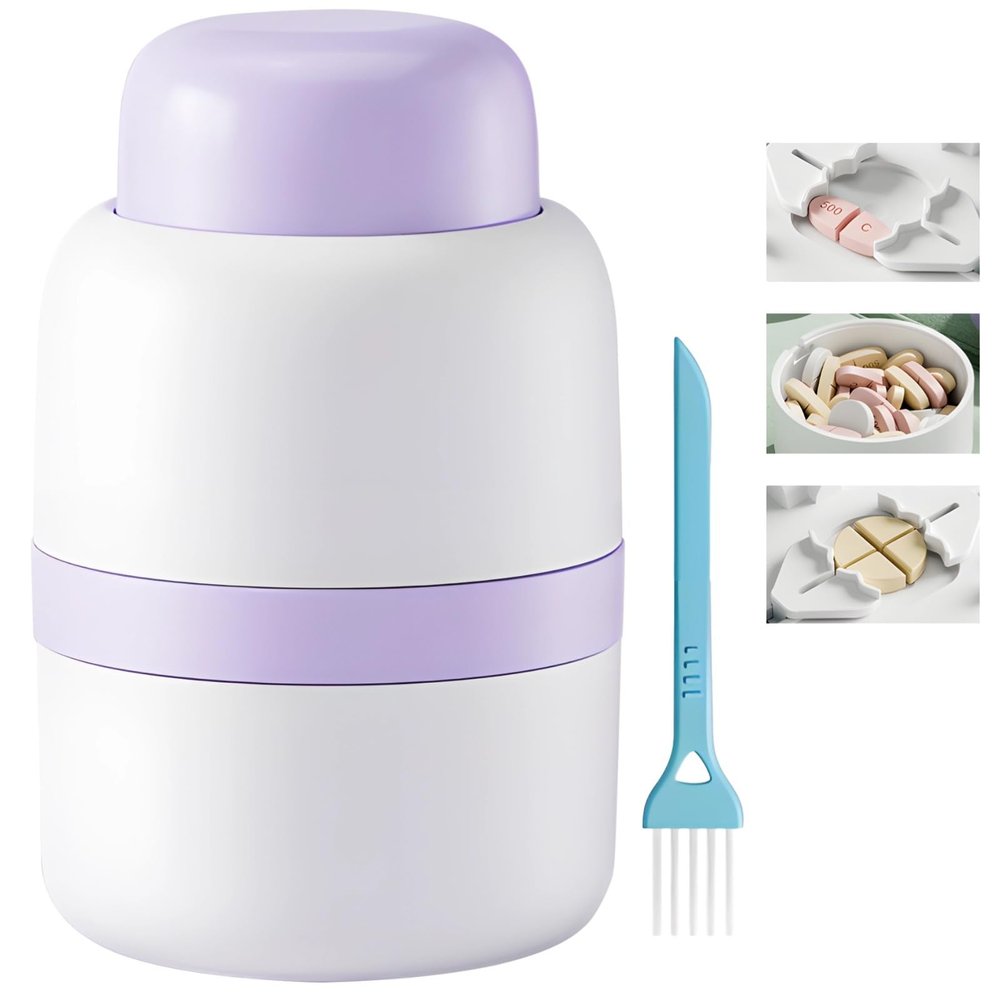Pill Splitter with Safe Hidden Blade, Portable and Compact for Cutting Pills Into Halves and Quarters, Storage Compartment and Cleaning Brush Included