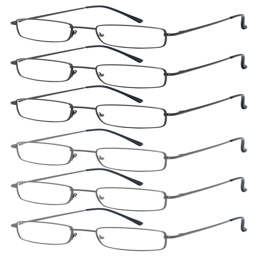 6-Pack Metal Reading Glasses for Men Women Spring Hinge Readers Clear Lens Non Yellow Coating, 3 Black 3 Gunmetal 2.25 x