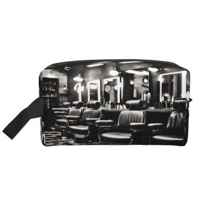 FKGKDF Barber Shop Monochrome Style Print Travel Toiletry Organizer Bag, Large Capacity Storage For Cosmetics, Toiletries