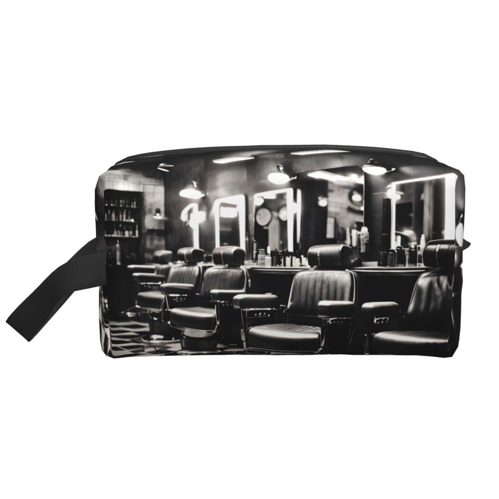 FKGKDF Barber Shop Monochrome Style Print Travel Toiletry Organizer Bag, Large Capacity Storage For Cosmetics, Toiletries