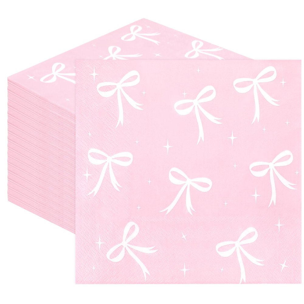 100pcs Pink Bow Party Napkins, Pink Bow Party Decorations Napkin, 13x13 inch Disposable Paper Napkin for Girls Birthday Bridal Engagement Baby Shower
