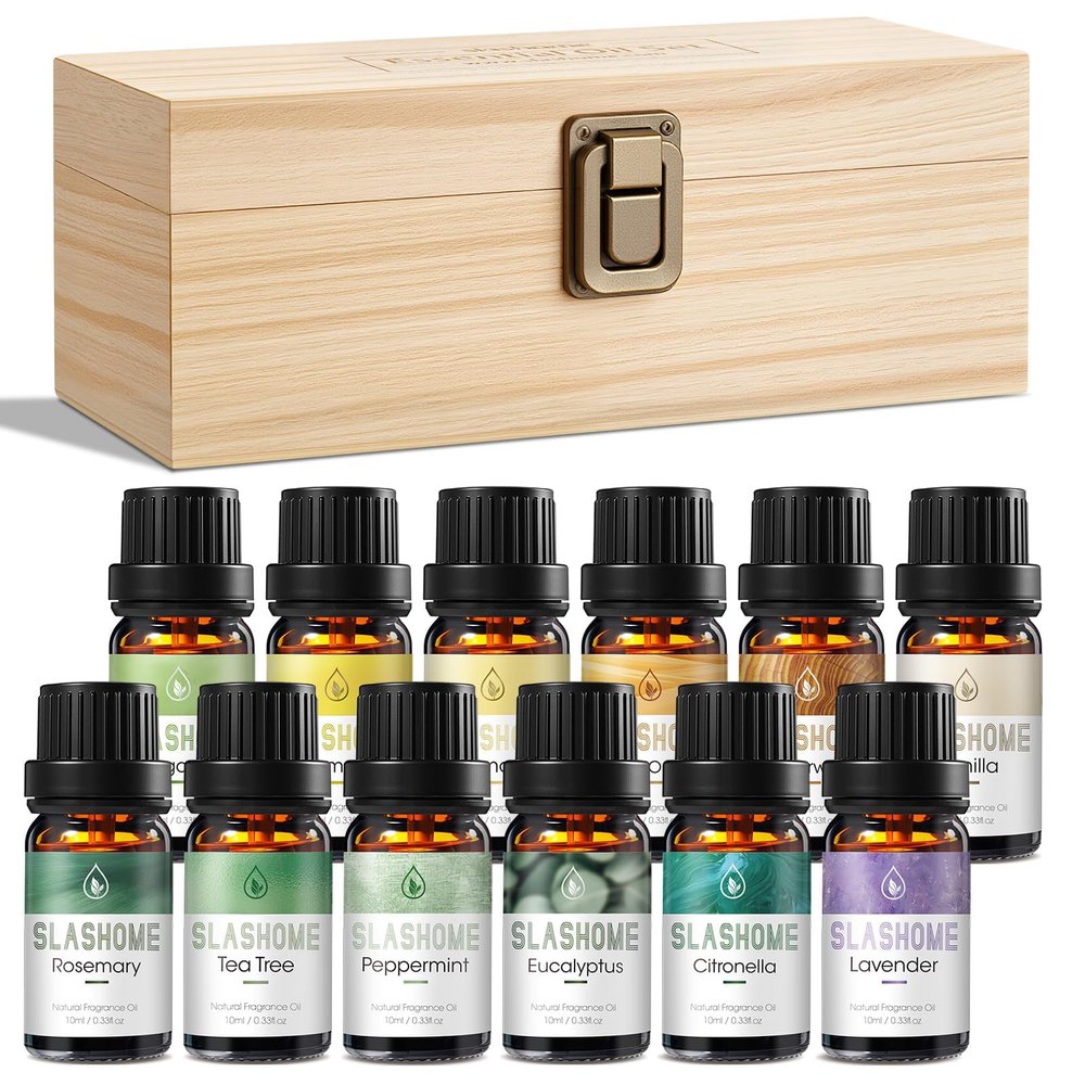 12 Pack Essential Oils for Diffusers for Home - Water Soluble Diffuser Oils Set for Humidifiers & Spa, Scented Oil with Wooden Gift Box for Women - Lavender, Peppermint, Sweet Orange, Tea Tree & More