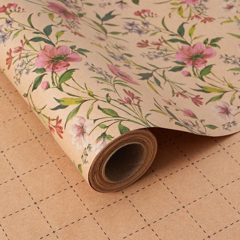 ZINTBIAL Kraft Floral Wrapping Paper Roll - Pink and Purple Floral Design, 17 Inches x 16.5 Feet, Gift Wrap for Wedding, Bridal Shower, Birthday, Mother's Day, Cut Lines on Back