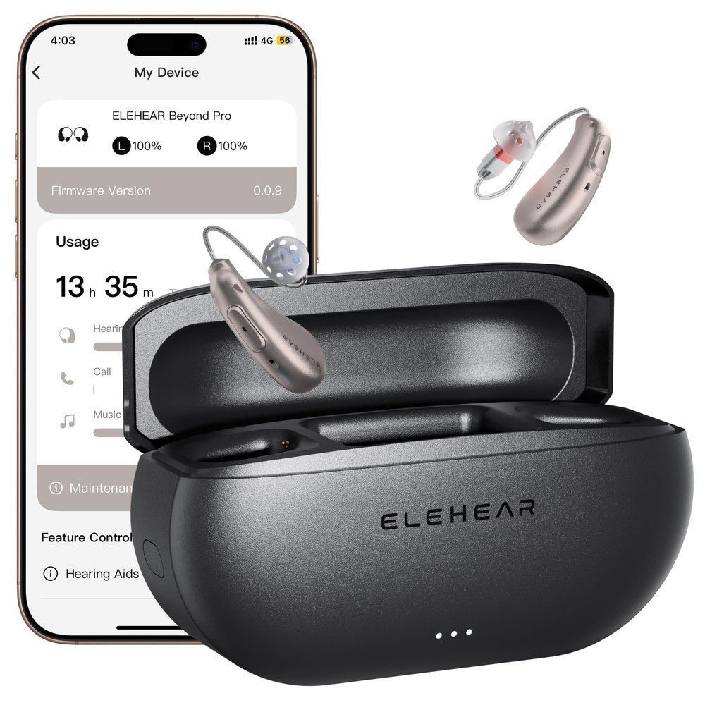 ELEHEAR-Beyond Pro Hearing Aids, Bluetooth Rechargeable OTC Hearing Aids for Seniors and Adults, Premium Sound Algorithm with VocClear 2.0, 30% Clearer Speech, Music Mode & Enhanced App, Champagne Gold