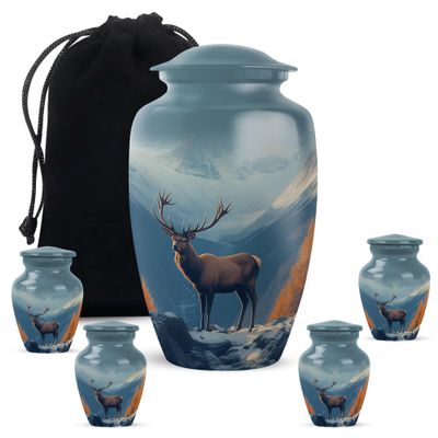 Casketique Deer Funeral Urns for Human Ashes Adult Man - Combo of 1 Large & 4 Keepsake Cremation Urns for Adult Ashes Women - Blue Memorial Urn - Decorative Burial Urn - 10 & 3 Inch