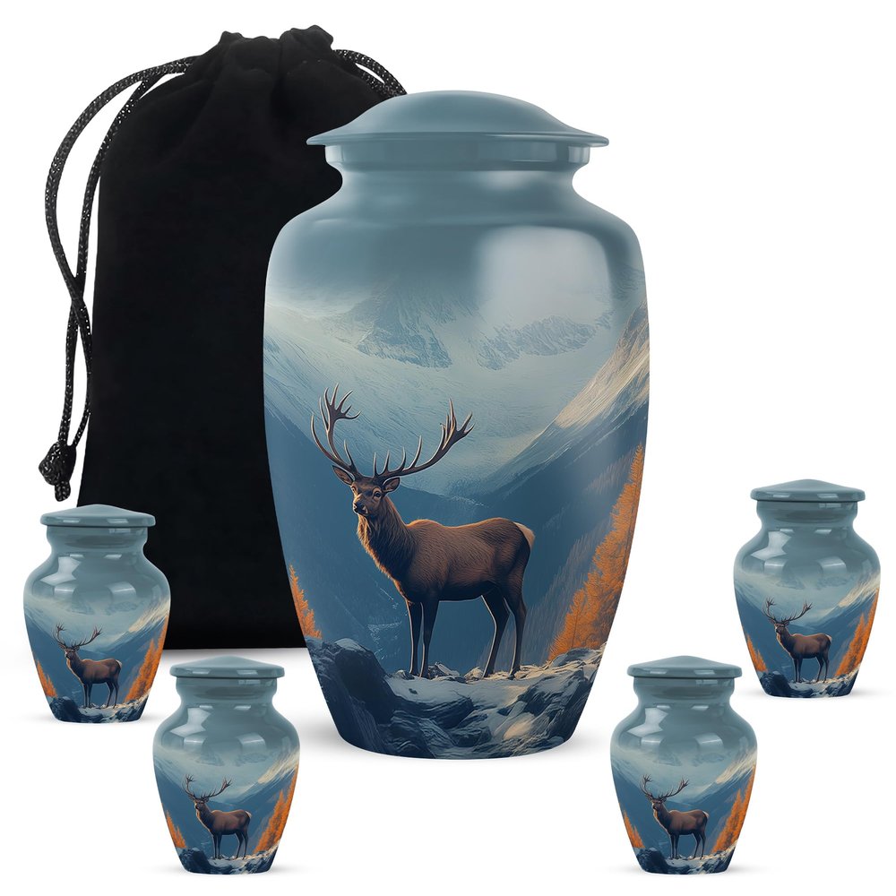Casketique Deer Funeral Urns for Human Ashes Adult Man - Combo of 1 Large & 4 Keepsake Cremation Urns for Adult Ashes Women - Blue Memorial Urn - Decorative Burial Urn - 10 & 3 Inch
