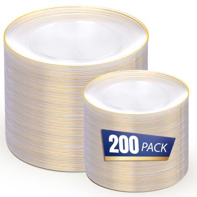 bUCLA 200PCS Clear and Gold Plastic Plates - Clear Disposable Plates with Gold Rim, Includes 100 PCS 10 inch Dinner Plates and 100 PCS 7 inch Dessert Plates for Party&Wedding
