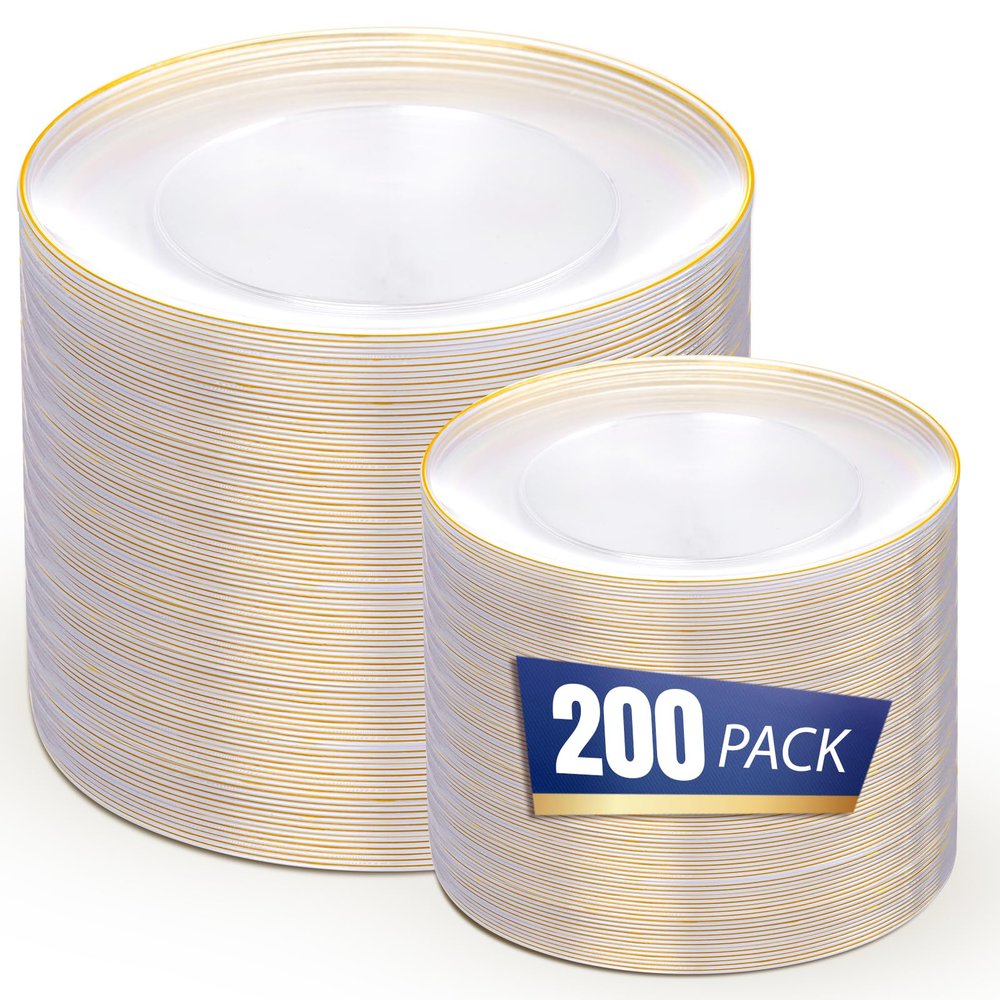 bUCLA 200PCS Clear and Gold Plastic Plates - Clear Disposable Plates with Gold Rim, Includes 100 PCS 10 inch Dinner Plates and 100 PCS 7 inch Dessert Plates for Party&Wedding
